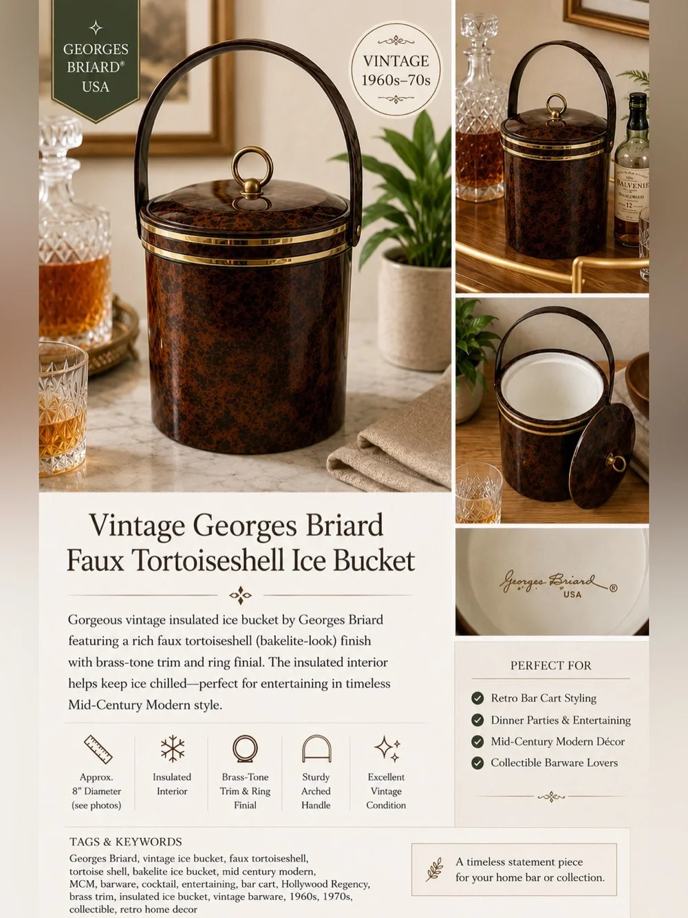 Vintage Georges Briard Faux Tortoise Ice Bucket Brass MCM Barware